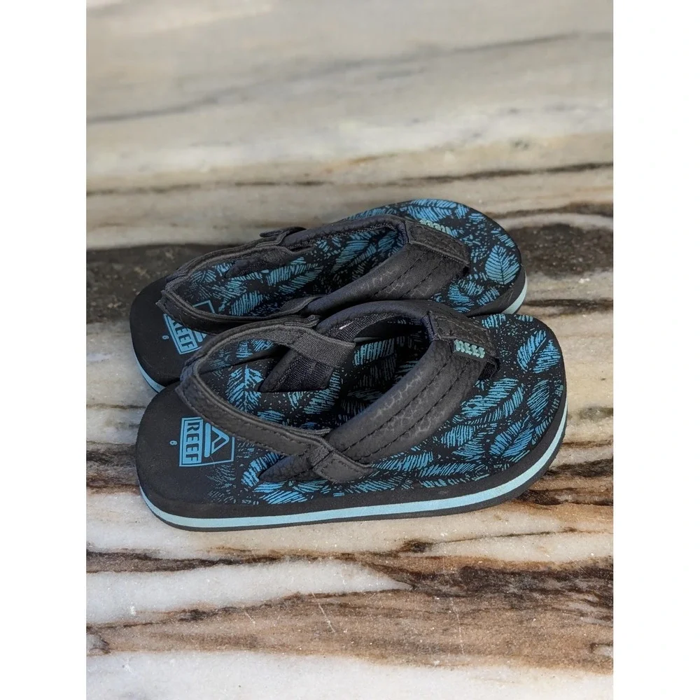 Reef Ahi Infant Sandals Black Blue Palm Leaf Print Flip Flops 6 Elastic Back